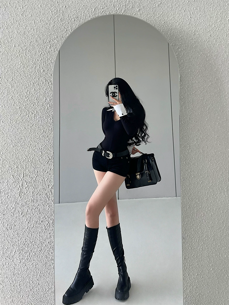 YoungGirlDay Quần short denim co giãn eo thấp gợi cảm phong cách Mỹ kèm thắt lưng thời trang hot pants.