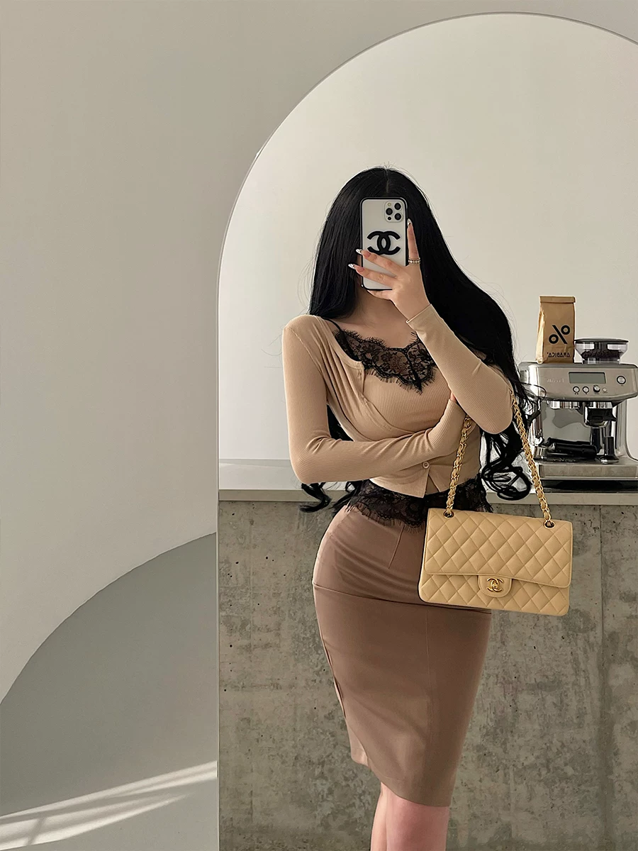 YoungGirlDay pure Desire vibe ren chắp vá áo yếm có dây đeo ngực đơn dài tay áo cardigan