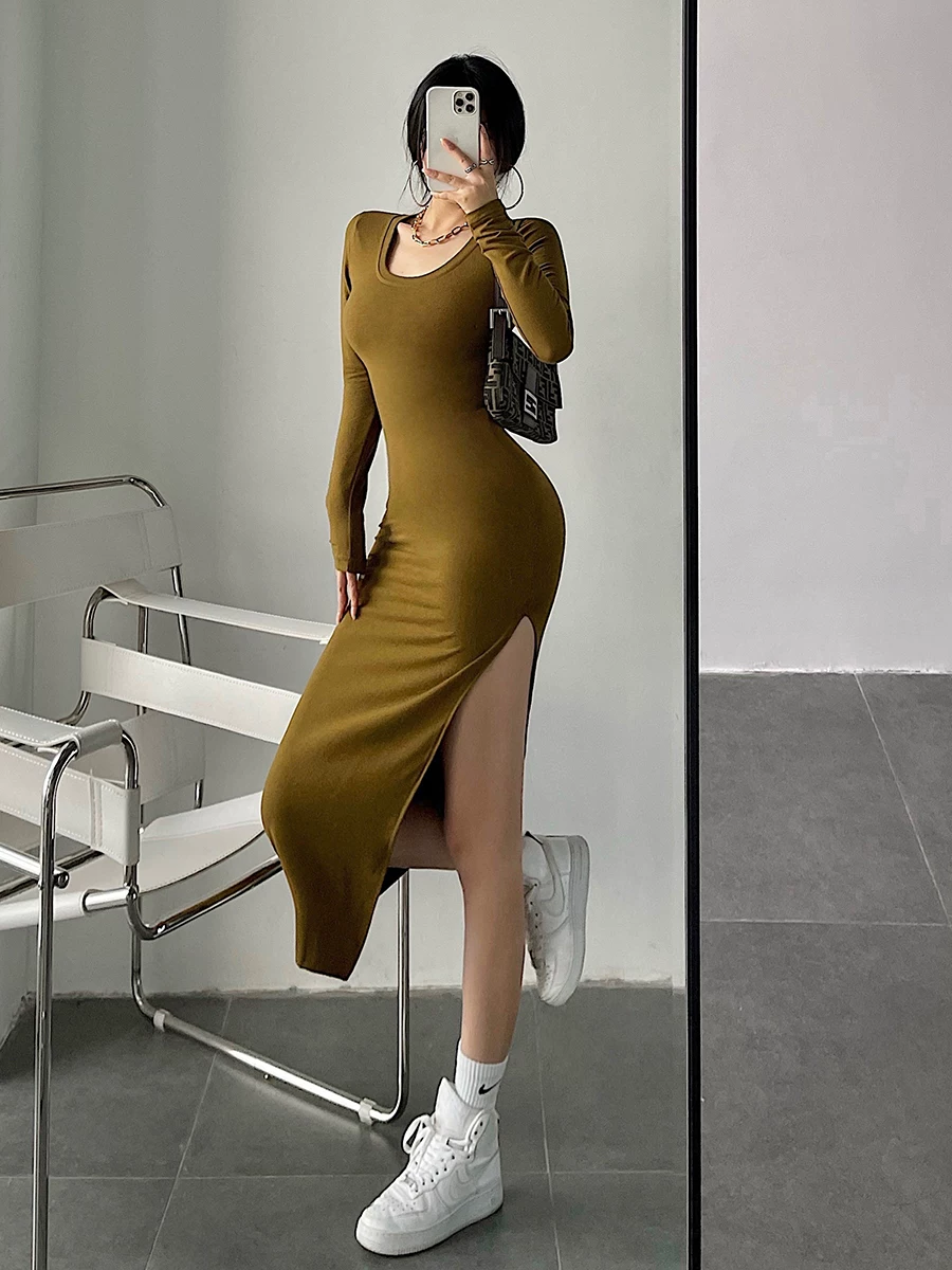 YoungGirlDay Váy dài tay xẻ tà dài vừa vặn cổ tròn kiểu Âu Mỹ phong cách cơ bản.