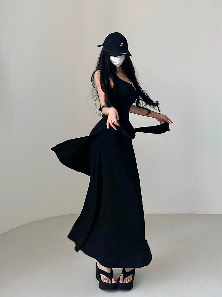 YoungGirlDay Pure Desire Style Phong cách gợi cảm cổ chữ U giả hai mảnh có dây buộc eo lớn Váy dây đeo viền dài