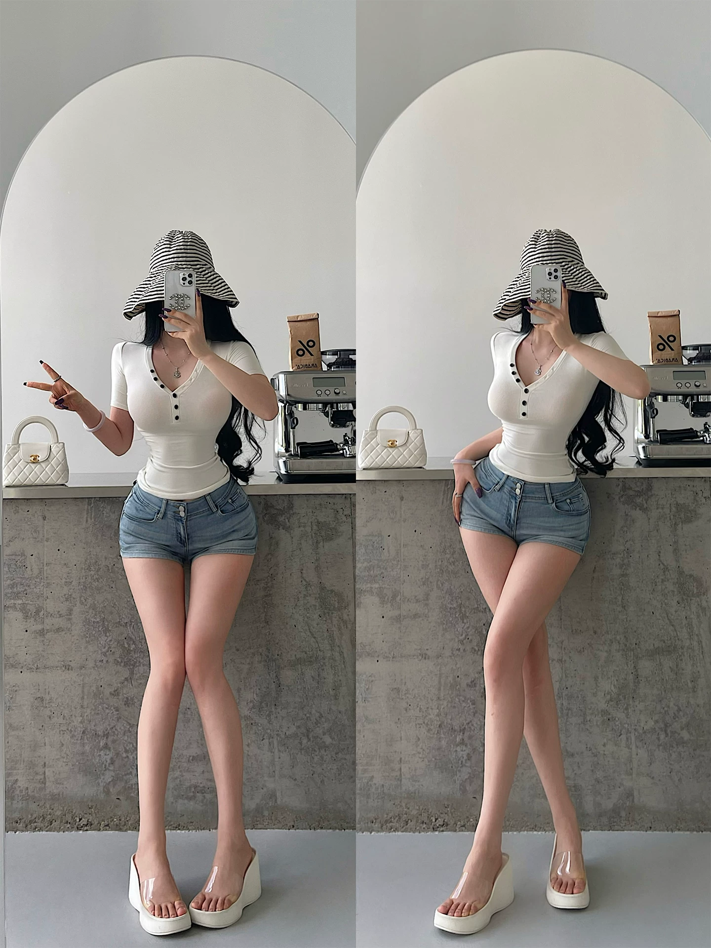 YoungGirlDay khao khát thuần khiết hot girl gợi cảm quần cạp thấp nâng hông nâng mông kéo dài chân quần short denim đa năng quần short nóng bỏng
