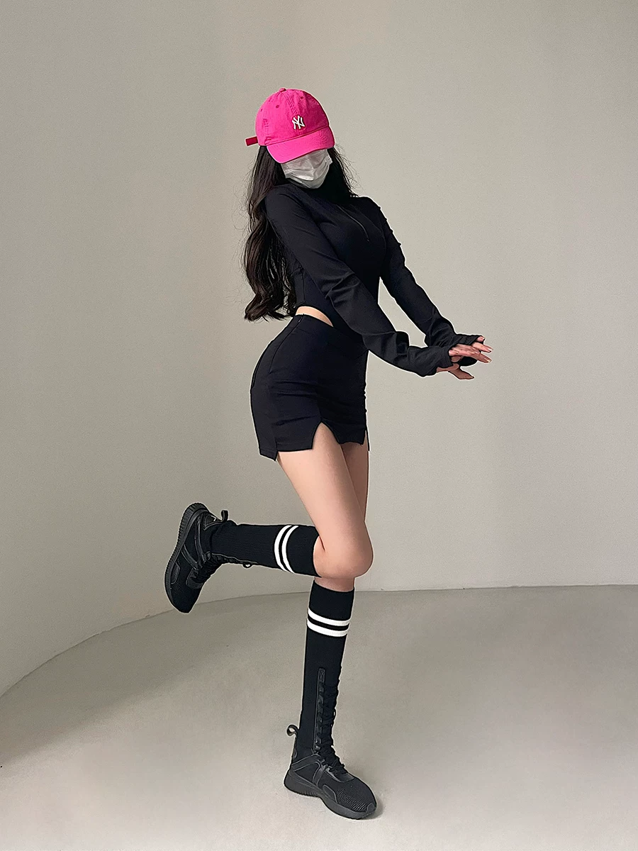 YoungGirlDay bộ đồ liền thân dài tay có khóa kéo gợi cảm chống lộ hàng, bộ váy ngắn ôm sát cơ thể