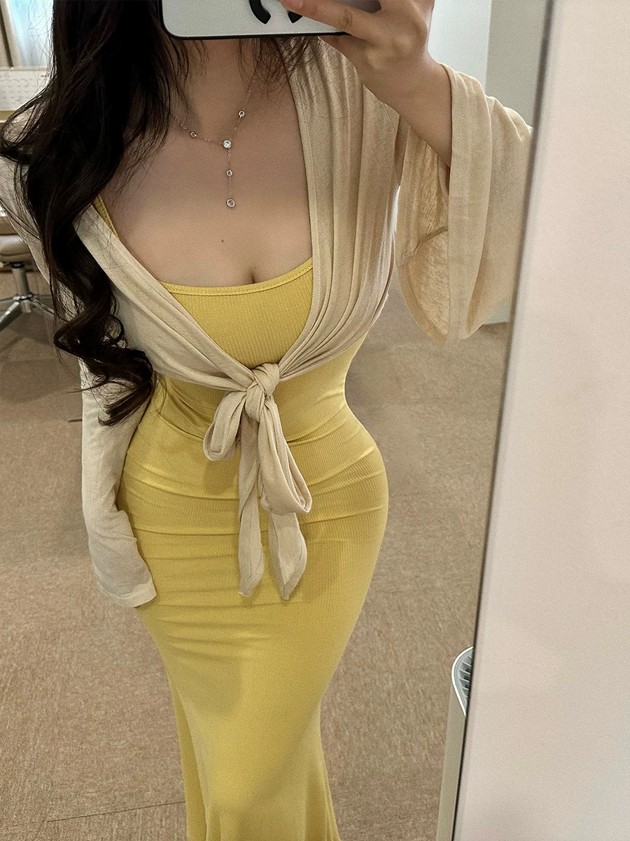 YoungGirlDay phong cách thuần khiết gợi cảm, ôm sát cơ thể, co giãn, đầm dây đuôi cá, đầm dài