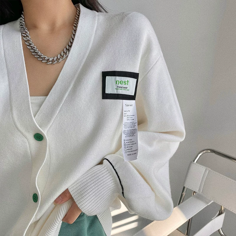 YoungGirlDay Áo khoác cardigan dệt kim cổ chữ V dáng rộng phong cách retro của Mỹ có nhãn hiệu áo khoác len dài tay dành cho nữ