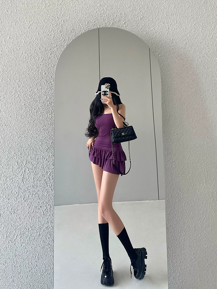 YoungGirlDay khao khát thuần khiết gợi cảm ôm sát eo xếp ly váy hai lớp váy ngắn váy ngắn
