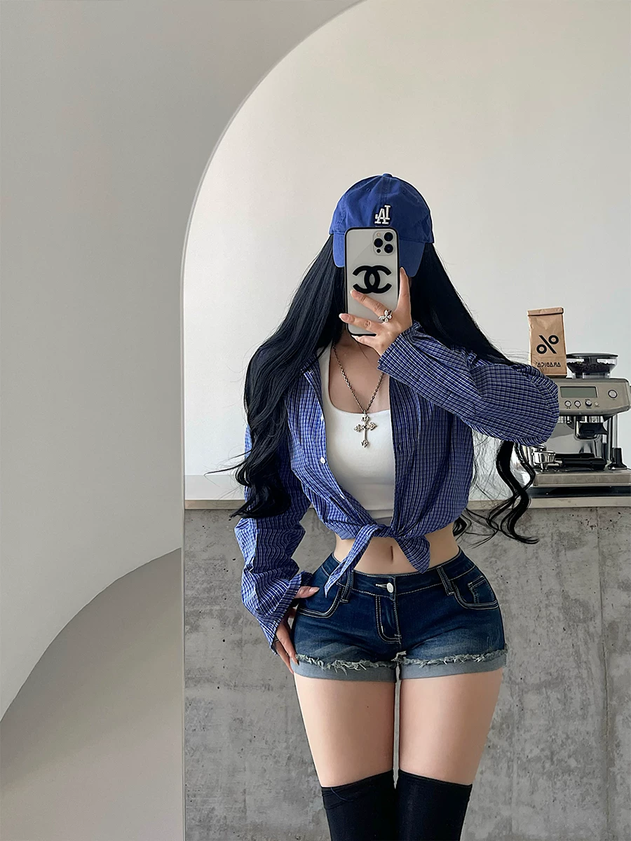 YoungGirlDay phong cách retro preppy có ve áo, áo sơ mi kẻ sọc dài tay dáng rộng, dáng rộng, giúp thon gọn, áo sơ mi thường ngày