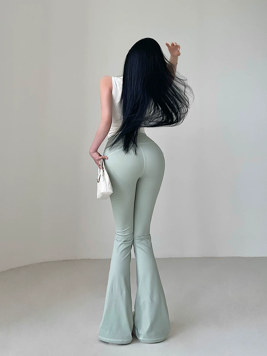 YoungGirlDay Quần ống loe co giãn cạp cao phong cách Âu Mỹ giúp chân trông dài hơn, quần tập yoga thông thường, quần dài chạm sàn.