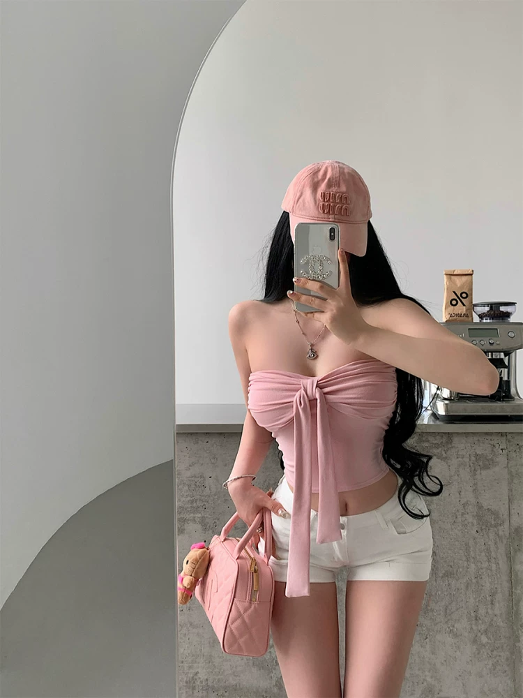 YoungGirlDay khao khát thuần khiết phong cách hot girl gợi cảm thắt nơ thắt eo thon gọn áo ống ngắn áo vest ngắn
