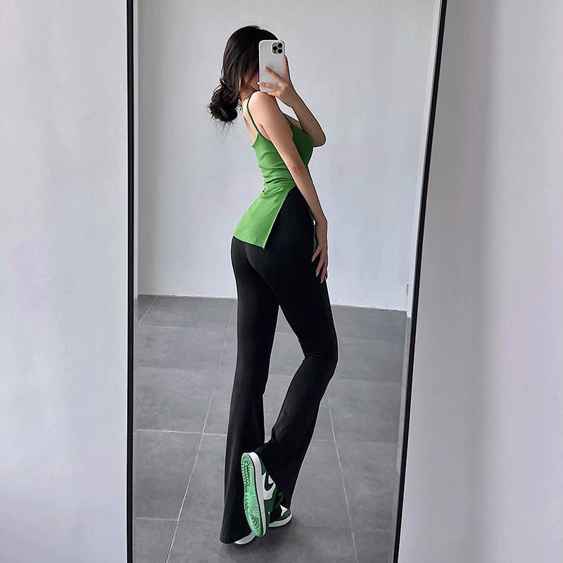YoungGirlDay Quần ống loe cạp cao phong cách đường phố châu Âu và Mỹ, ôm sát, co giãn, xếp ly, nâng mông, kéo dài chân.