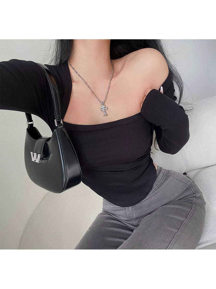 YoungGirlDay Pure Desire Gợi cảm Slim Fit Nâng vai Nâng ngực Đường viền cong Áo thun dài tay có viền dài hàng đầu