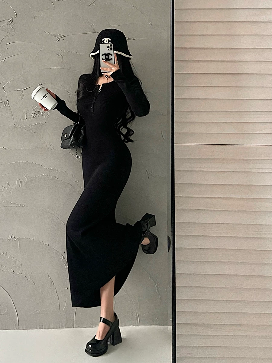 YoungGirlDay phong cách thuần khiết gợi cảm, ôm sát, cổ tròn, tay dài, đầm bodycon, váy dài