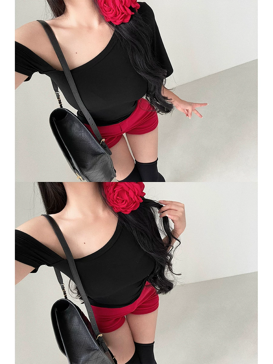YoungGirlDay Pure Desire Không khí thư thái Slim Fit Áo thun ngắn tay lệch vai gợi cảm hàng đầu