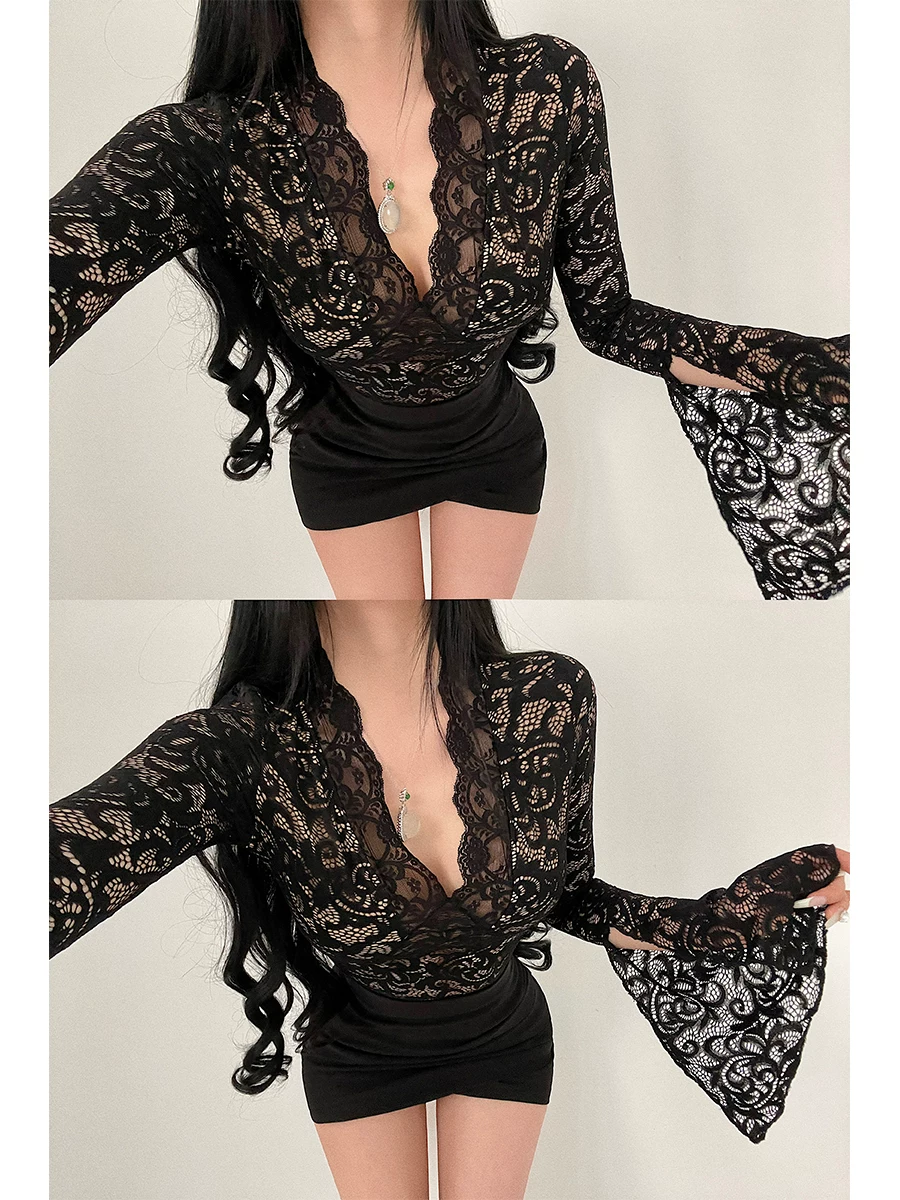 YoungGirlDay Pure Desire Atmosphere Gợi cảm Deep V Slim Fit Tay áo dài xòe có ren rỗng