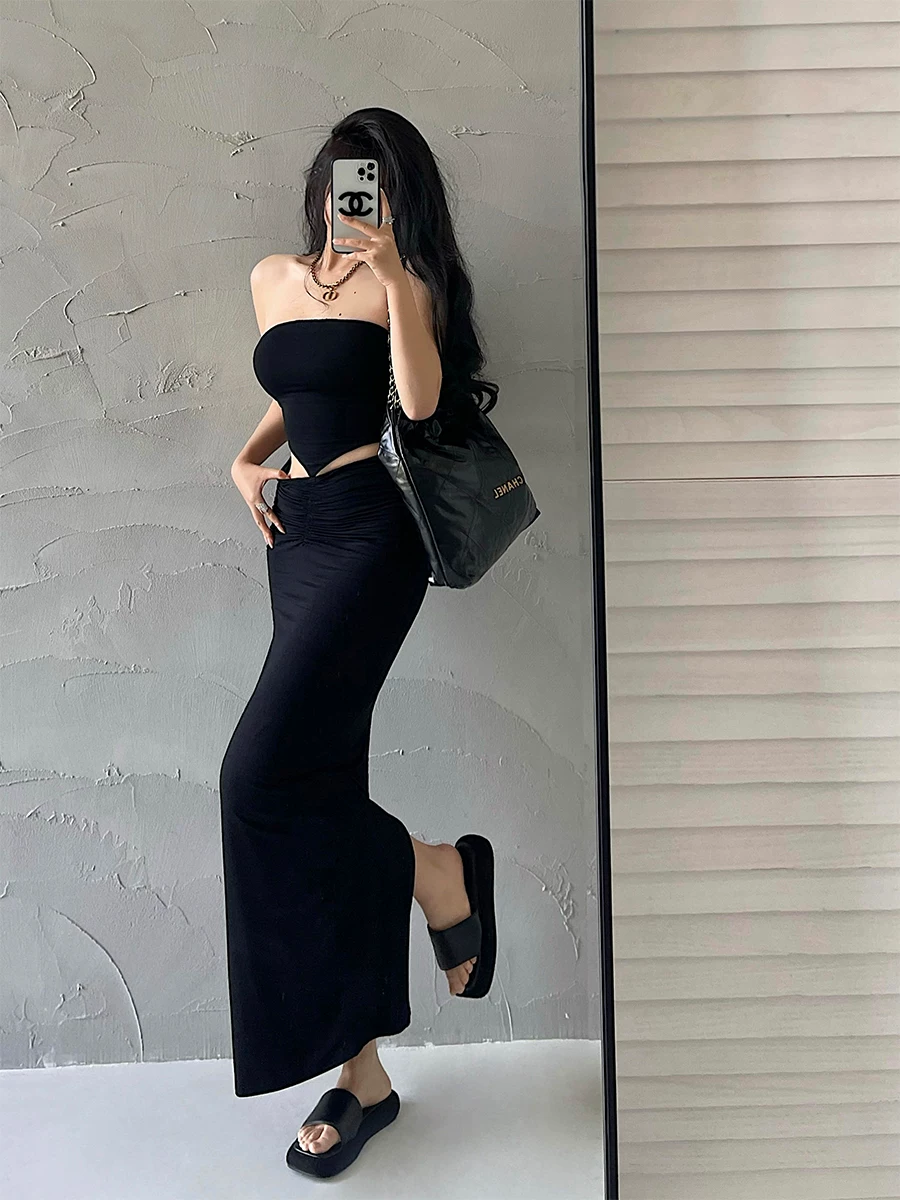 YoungGirlDay khao khát thuần khiết gợi cảm, bộ váy dài xẻ tà ôm sát eo cao xếp ly ôm sát hông