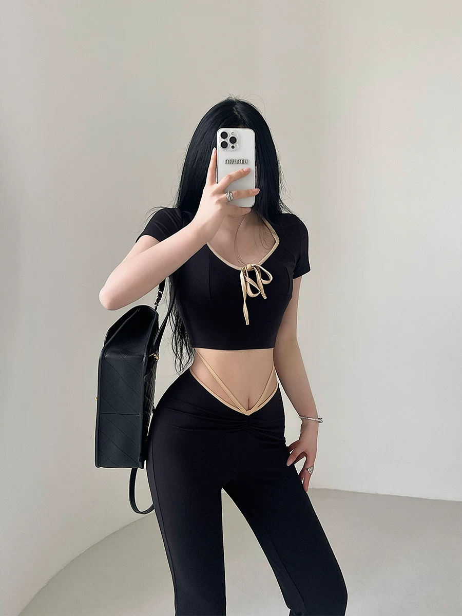 YoungGirlDay Áo thun ngắn tay hở bụng gợi cảm, quần cạp cao có dây buộc, quần dài đến sàn, bộ quần dài