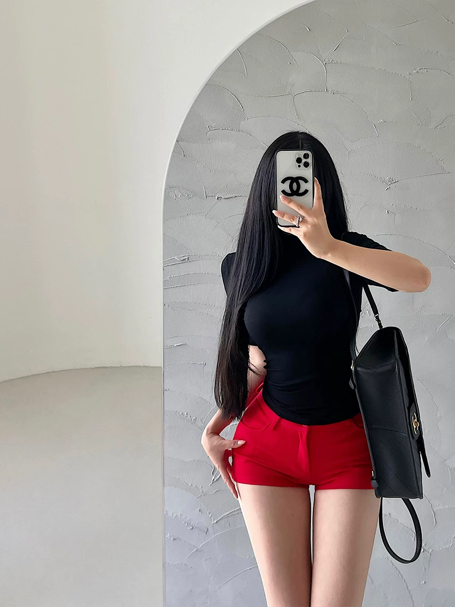 Áo thun ngắn tay đa năng YoungGirlDay Kardashian cổ cao cơ bản, ôm sát, màu trơn, co giãn, đa năng