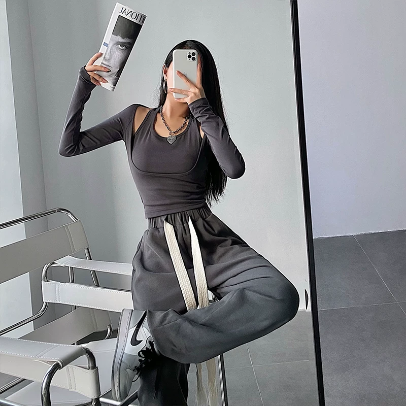 YoungGirlDay Pure Desire Hot Girl Gợi Cảm Cổ Dây Dài Tay Áo Slim Fit Ngắn Giả Hai Mảnh Áo Phông Dành Cho Nữ.