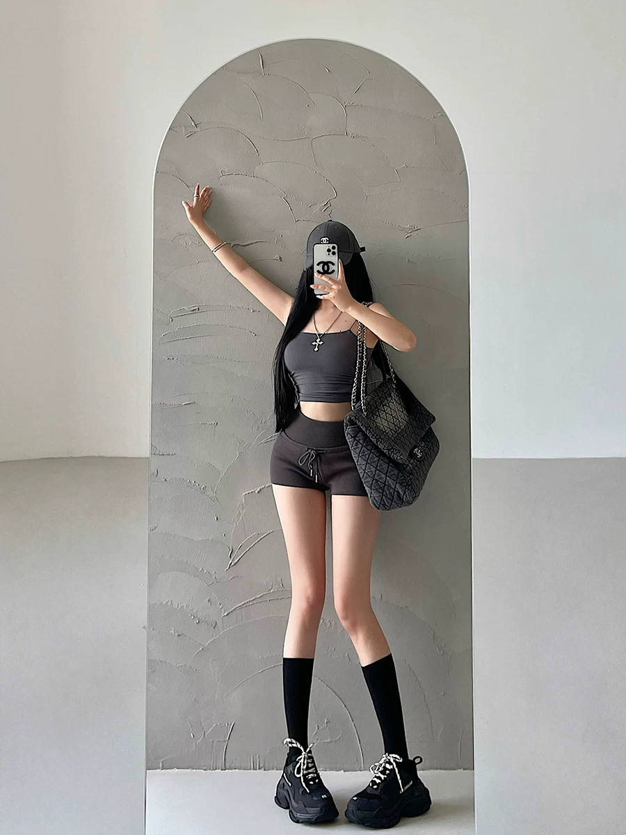 YoungGirlDay Quần short thể thao lưng cao dây rút phong cách Mỹ gợi cảm, quần short thể thao có dây rút vành rộng, quần short thể thao dành cho nữ