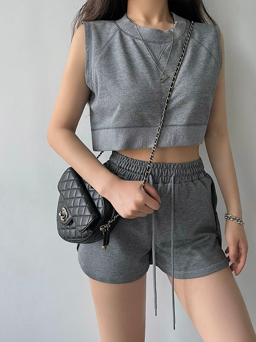 YoungGirlDay Áo crop top ngắn cổ tròn dáng rộng thời trang châu Âu và Mỹ, áo vest thể thao không tay thông thường