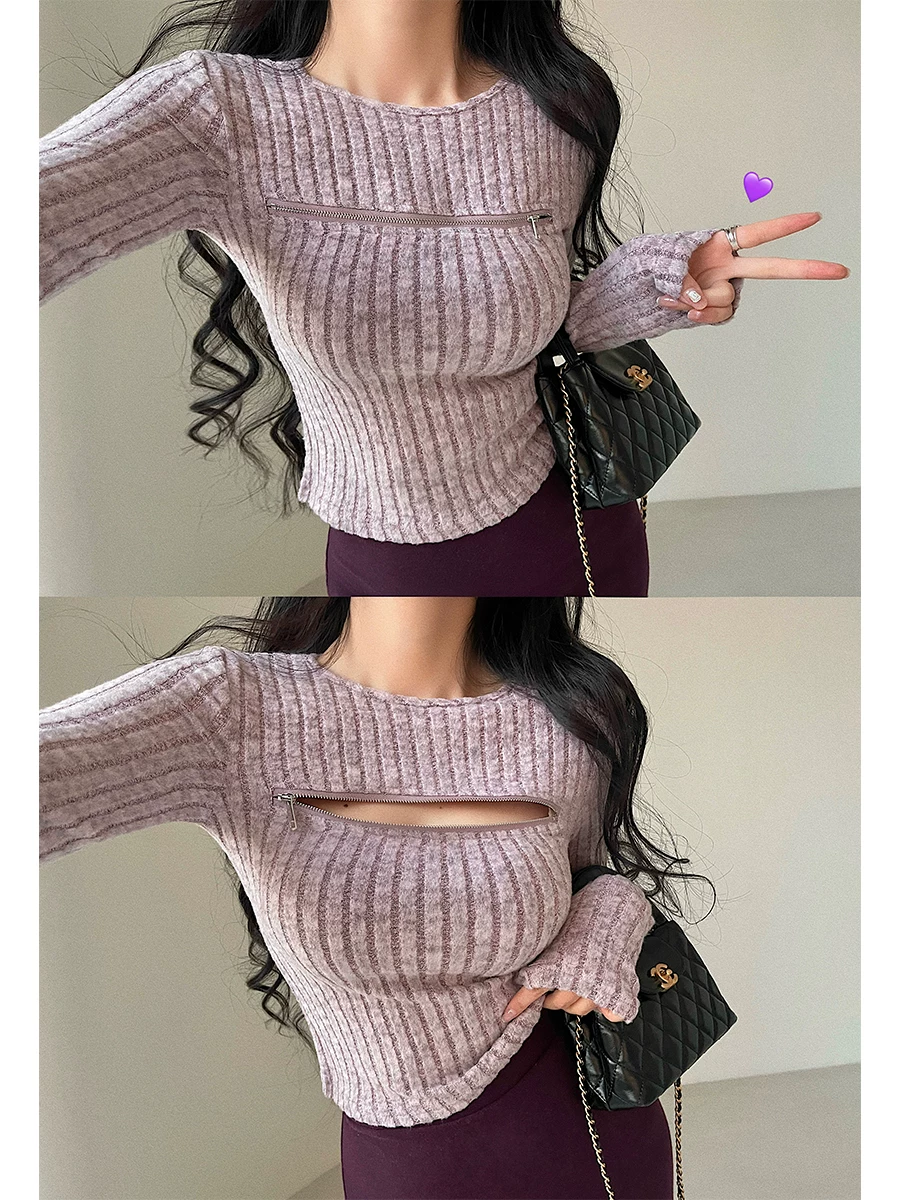 Áo len dệt kim dài tay ôm sát, khoét lỗ gợi cảm, có khóa kéo, dành cho nữ của YoungGirlDay.