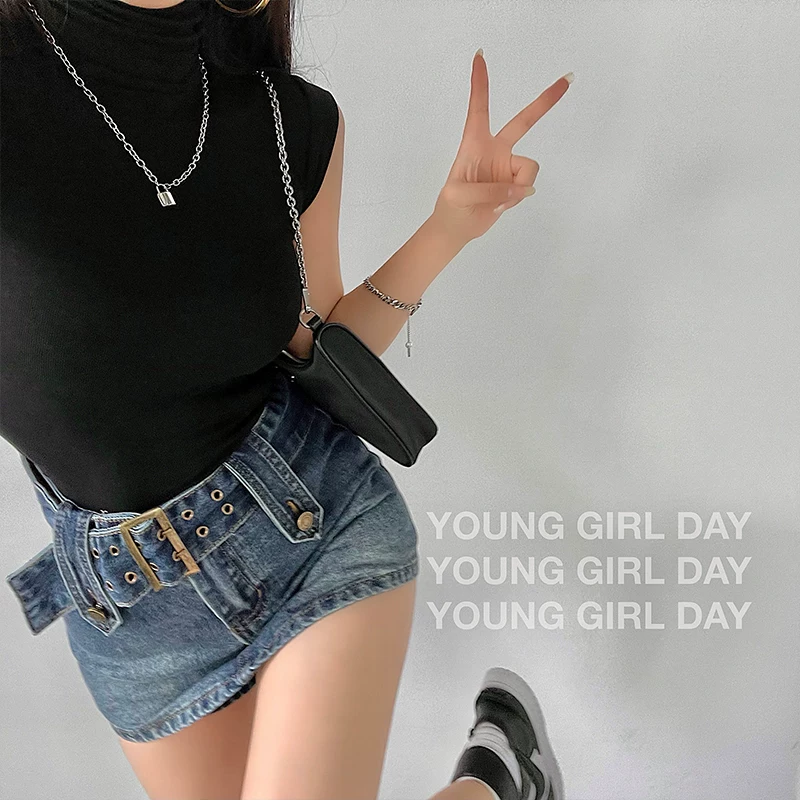 YoungGirlDay Váy denim siêu ngắn, cạp cao, ôm sát, thiết kế chống lộ hàng và ôm sát cơ thể.
