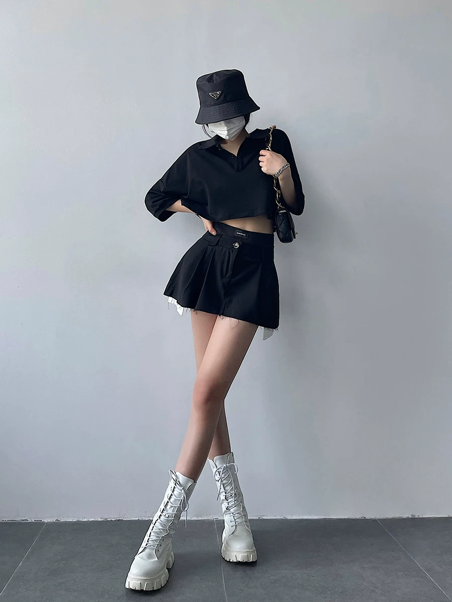 YoungGirlDay khao khát thuần khiết gợi cảm eo cao giảm béo chống lộ hàng váy xếp ly váy ngắn kèm quần short an toàn