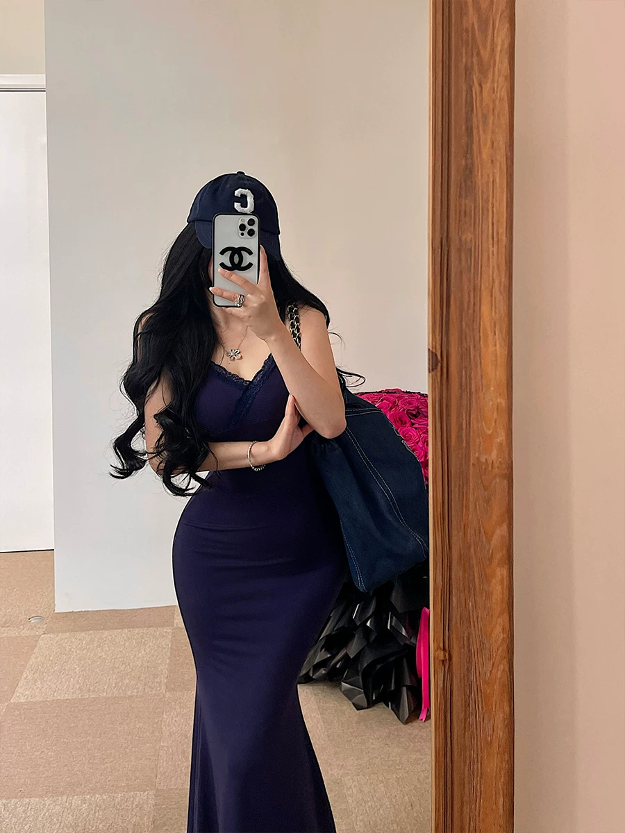 YoungGirlDay Pure Desire Cổ chữ V gợi cảm Slim Fit Bodycon Nàng tiên cá viền ren Váy dài