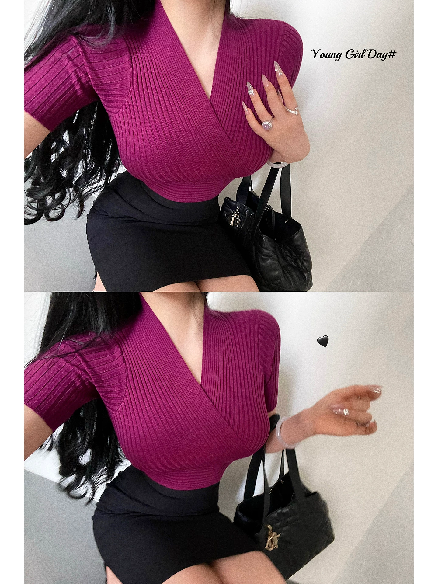 YoungGirlDay phong cách thuần khiết gợi cảm hot girl cổ chữ V gợi cảm ôm sát eo thon gọn áo thun dệt kim tay ngắn