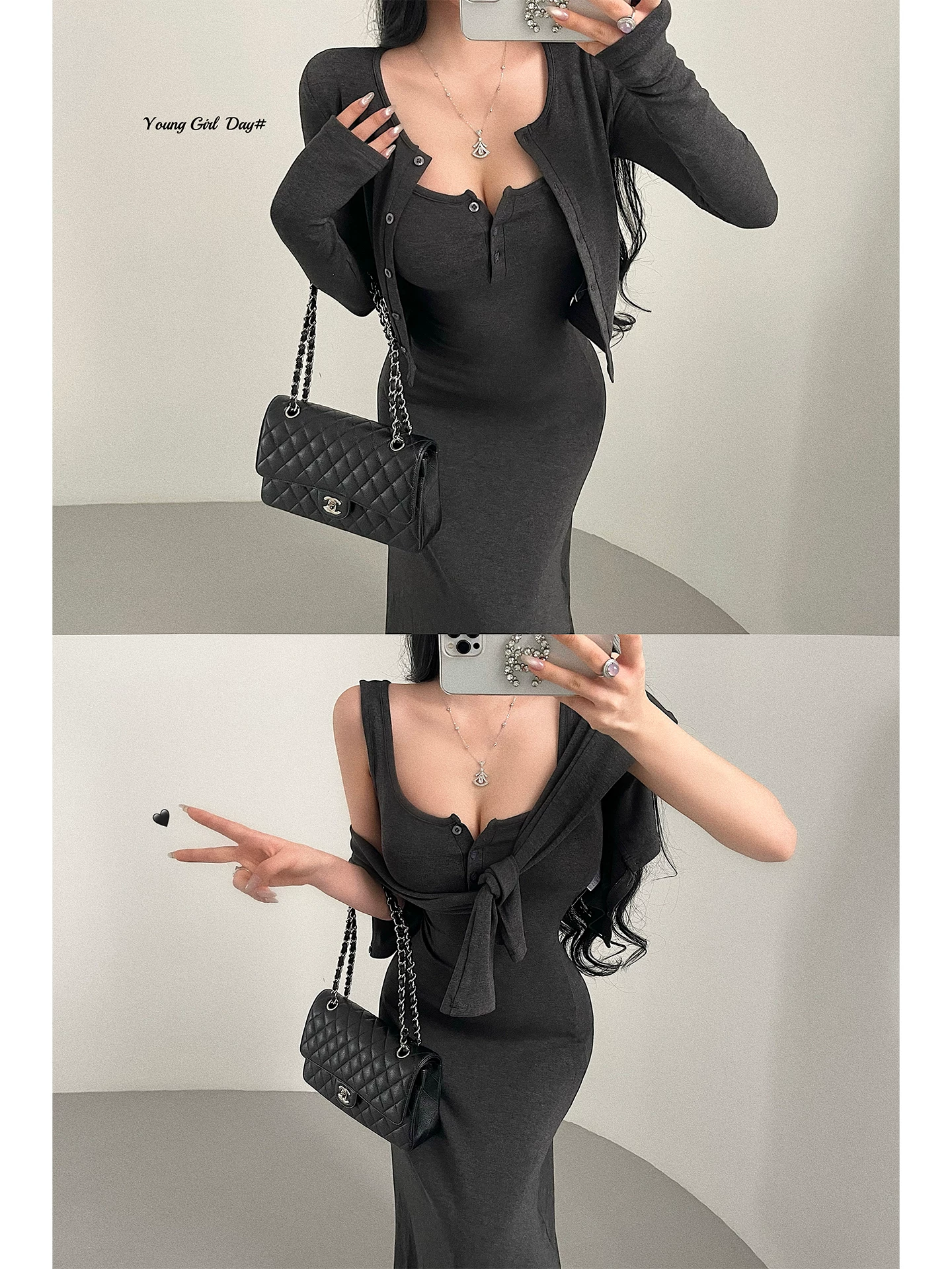 YoungGirlDay khao khát thuần khiết, váy treo eo gợi cảm, váy dài, áo cardigan dài tay, bộ đồ cardigan dài tay