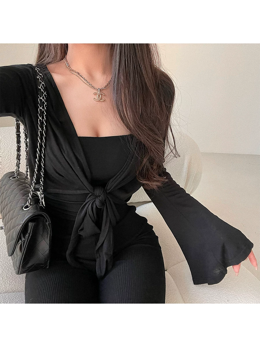 YoungGirlDay phong cách thuần khiết khao khát sự khao khát, áo cardigan ngắn tay chuông màu trơn, áo khoác chống nắng siêu mỏng