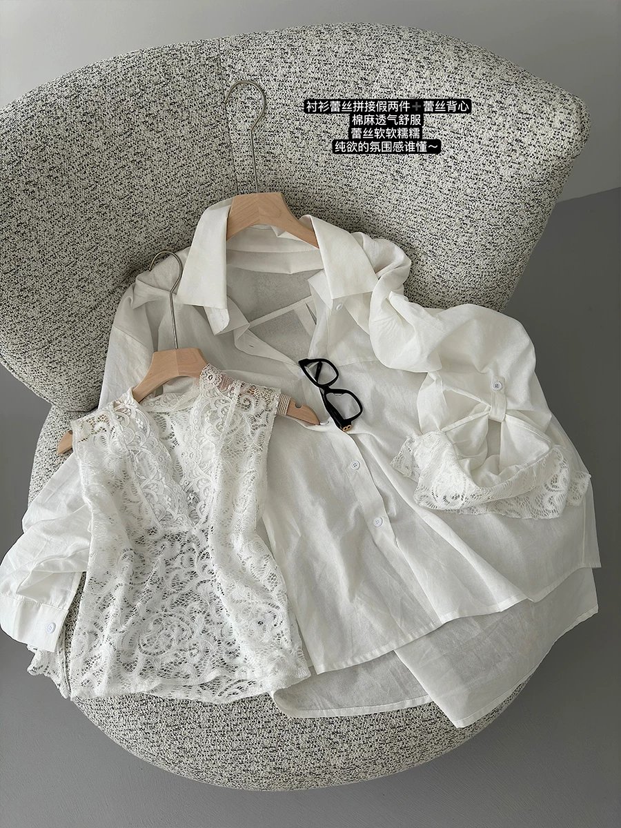 YoungGirlDay áo vest ren thuần khiết gợi cảm, tay áo đơn, phối vải chắp vá, bộ áo sơ mi và quần short giả hai mảnh
