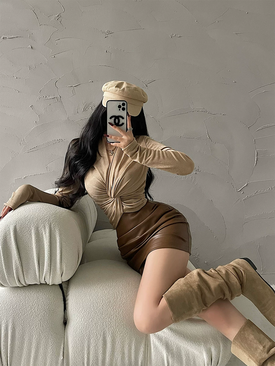YoungGirlDay Pure Desire Cổ chữ V gợi cảm Slim Fit Twist Eo Giảm béo Áo sơ mi dài tay Áo thun dành cho nữ.