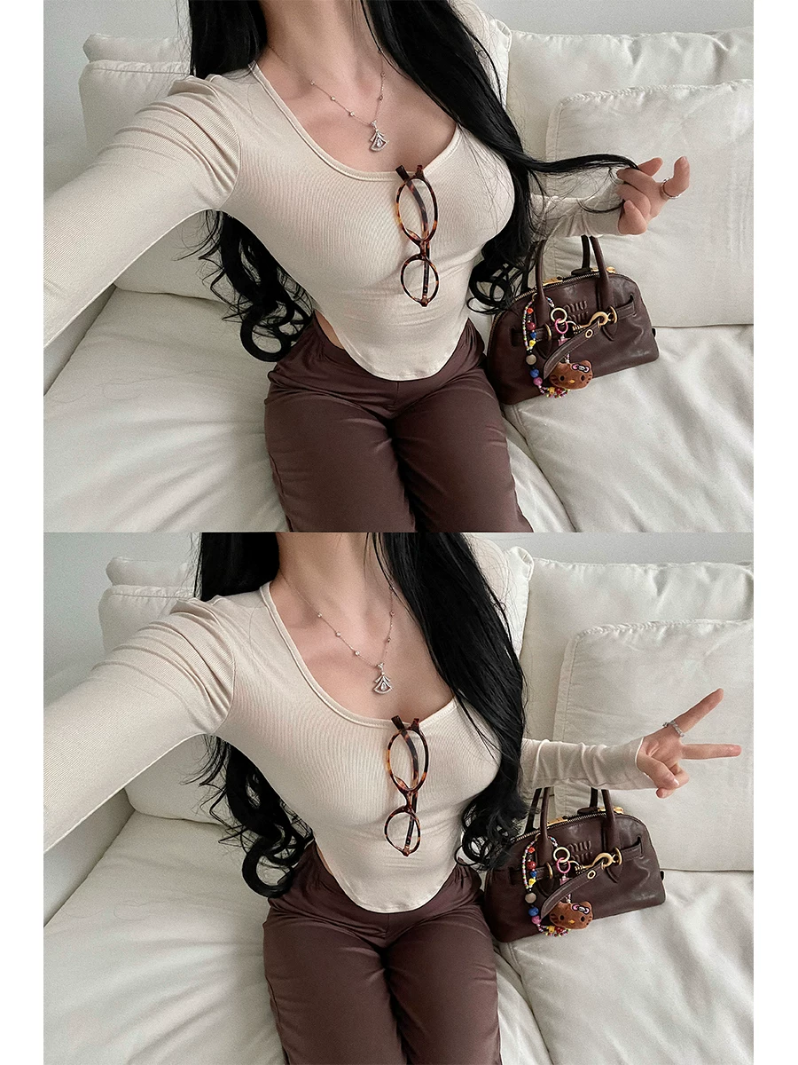 Áo thun cơ bản YoungGirlDay kiểu dáng cơ bản, ôm sát, vạt cong, ôm eo, tay dài