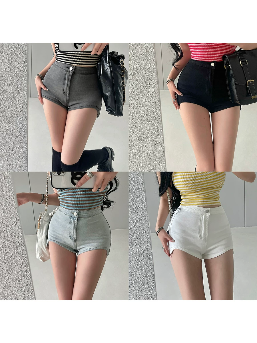 YoungGirlDay quần short denim ôm sát hông, cạp cao, gợi cảm, không đều, hình vòng cung, tôn dáng, quần short denim ôm sát hông