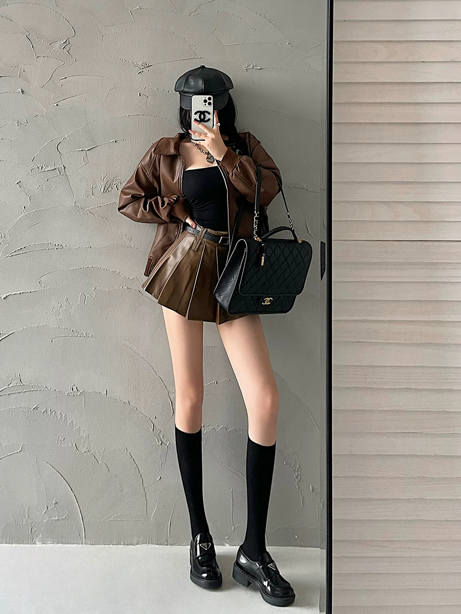YoungGirlDay Maillard Váy xếp ly bằng da PU chống lộ eo cao gợi cảm có thắt lưng.