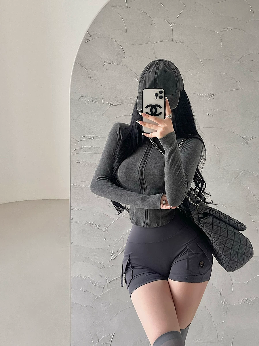 YoungGirlDay Pure Desire nhung bó sát dài tay có khóa kéo áo cardigan thể dục thể thao thường ngày áo sơ mi đáy quần dành cho nữ