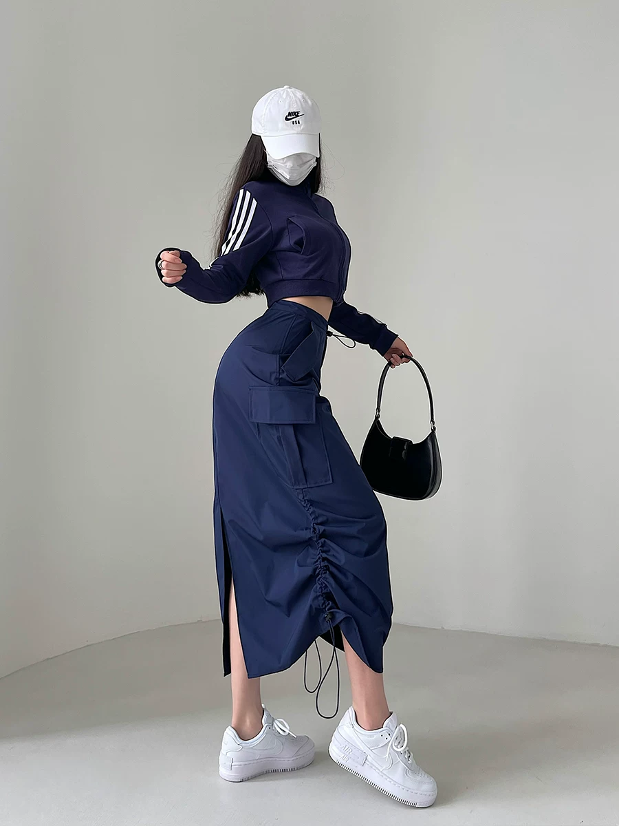 YoungGirlDay Váy công sở dáng rộng phong cách đường phố kiểu Mỹ, có đường xẻ phía sau và viền dây rút, váy dài.