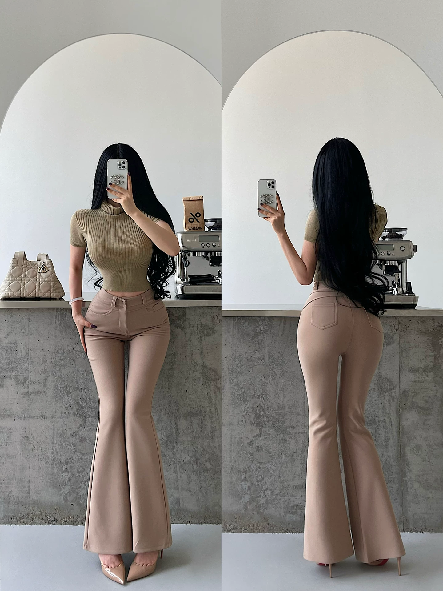 YoungGirlDay Quần ống loe co giãn eo cao kiểu dáng cổ điển phong cách Hàn Quốc giúp chân trông dài hơn Quần thường ngày dành cho nữ