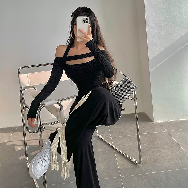 YoungGirlDay Pure Desire Hot Girl Gợi cảm Slim Fit Off-Shoulder Cutout Áo thun dài tay bất đối xứng cổ dây cổ