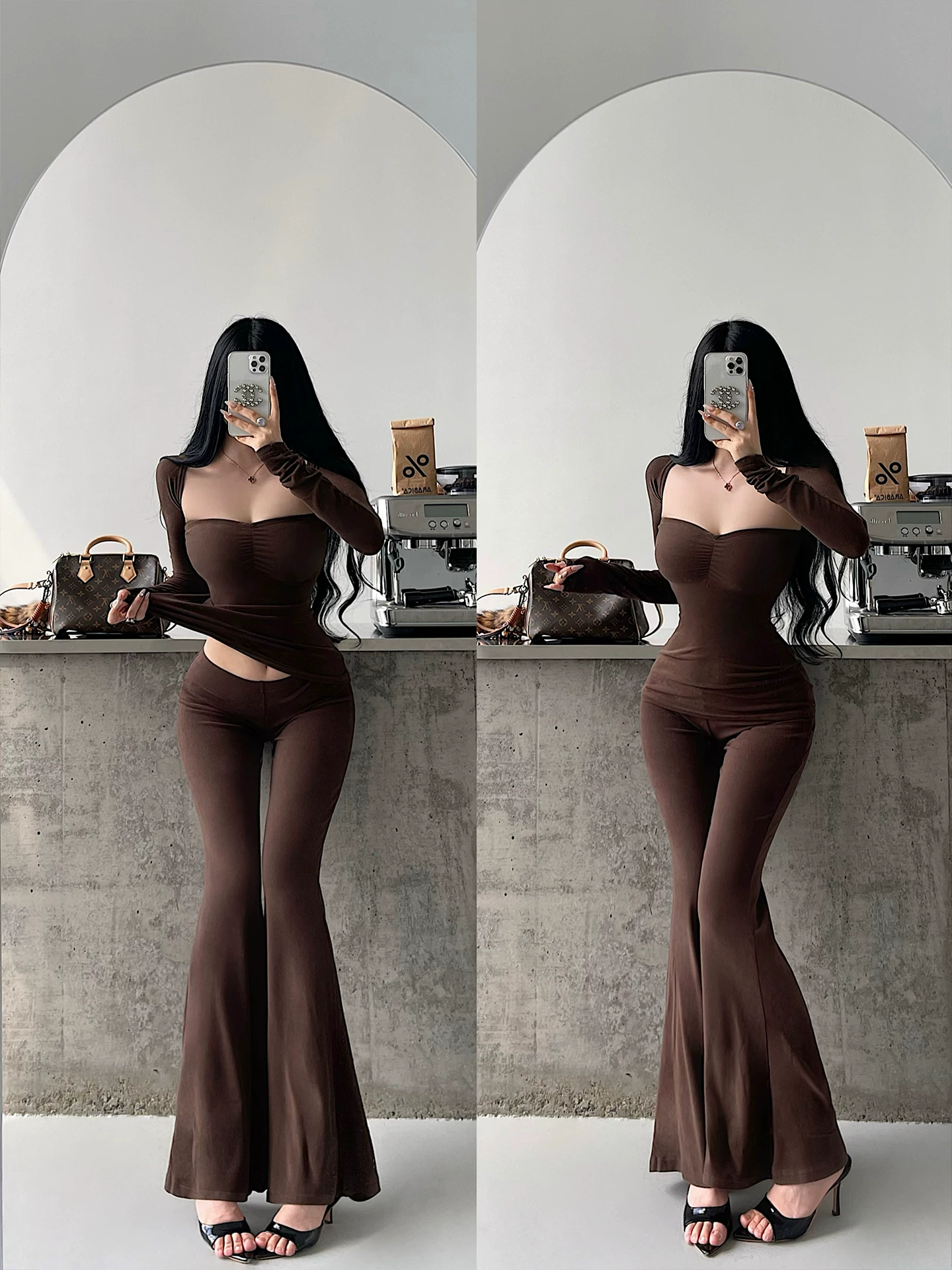 YoungGirlDay Kardashian Bộ quần dài ống rộng có tay áo dài gợi cảm kiểu khăn choàng tôn dáng chân dài