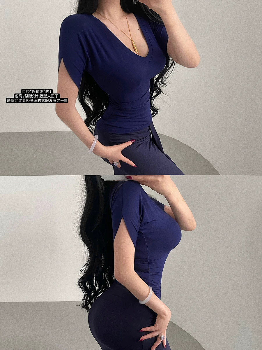 Áo thun cơ bản YoungGirlDay cổ chữ V, ôm eo, giảm béo, màu trơn, tay ngắn