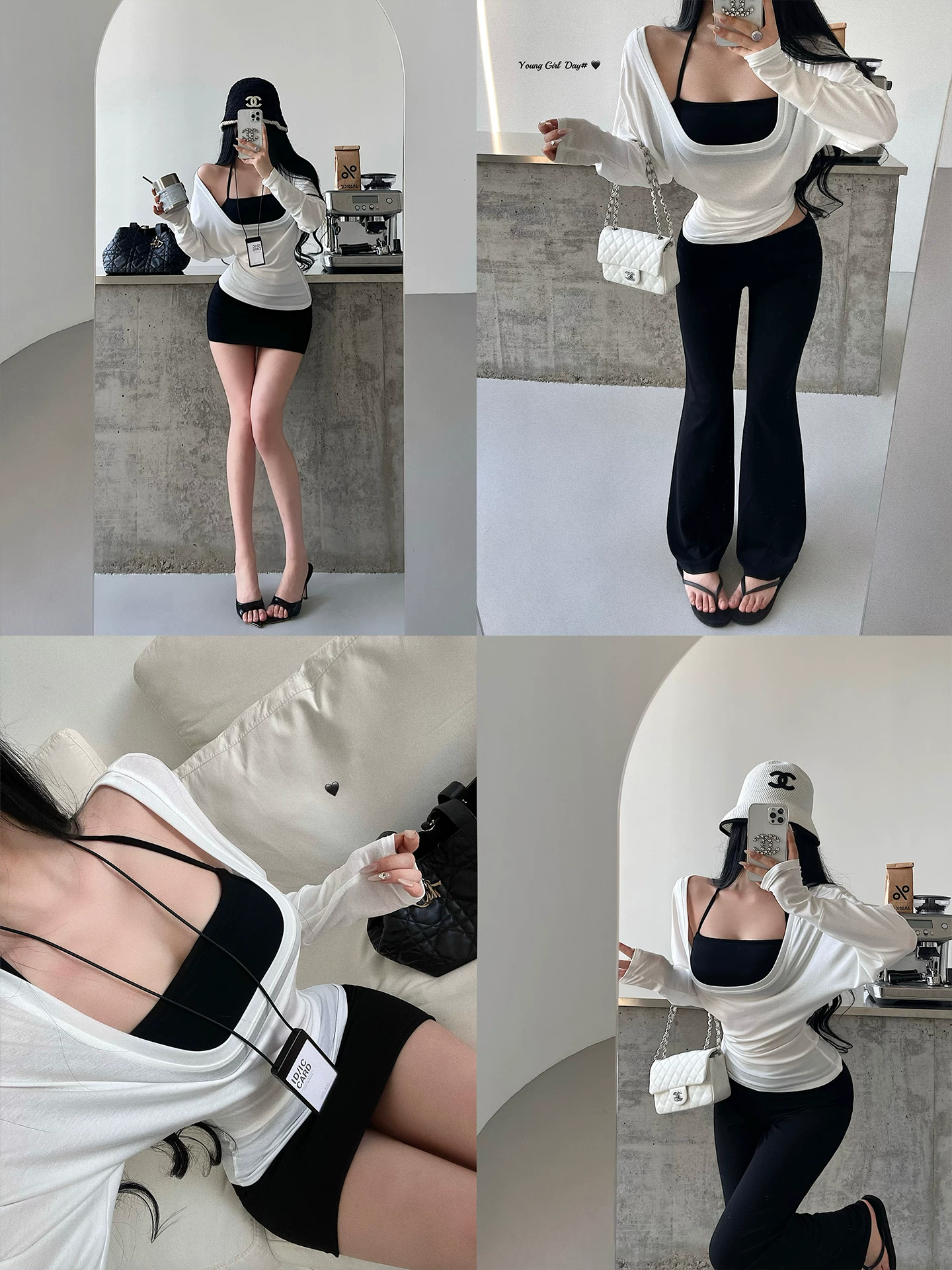 YoungGirlDay Pure Desire Style Hot Girl Áo dây cổ yếm thông thường + Áo khoác ngoài + Váy + Quần dài Bộ bốn món