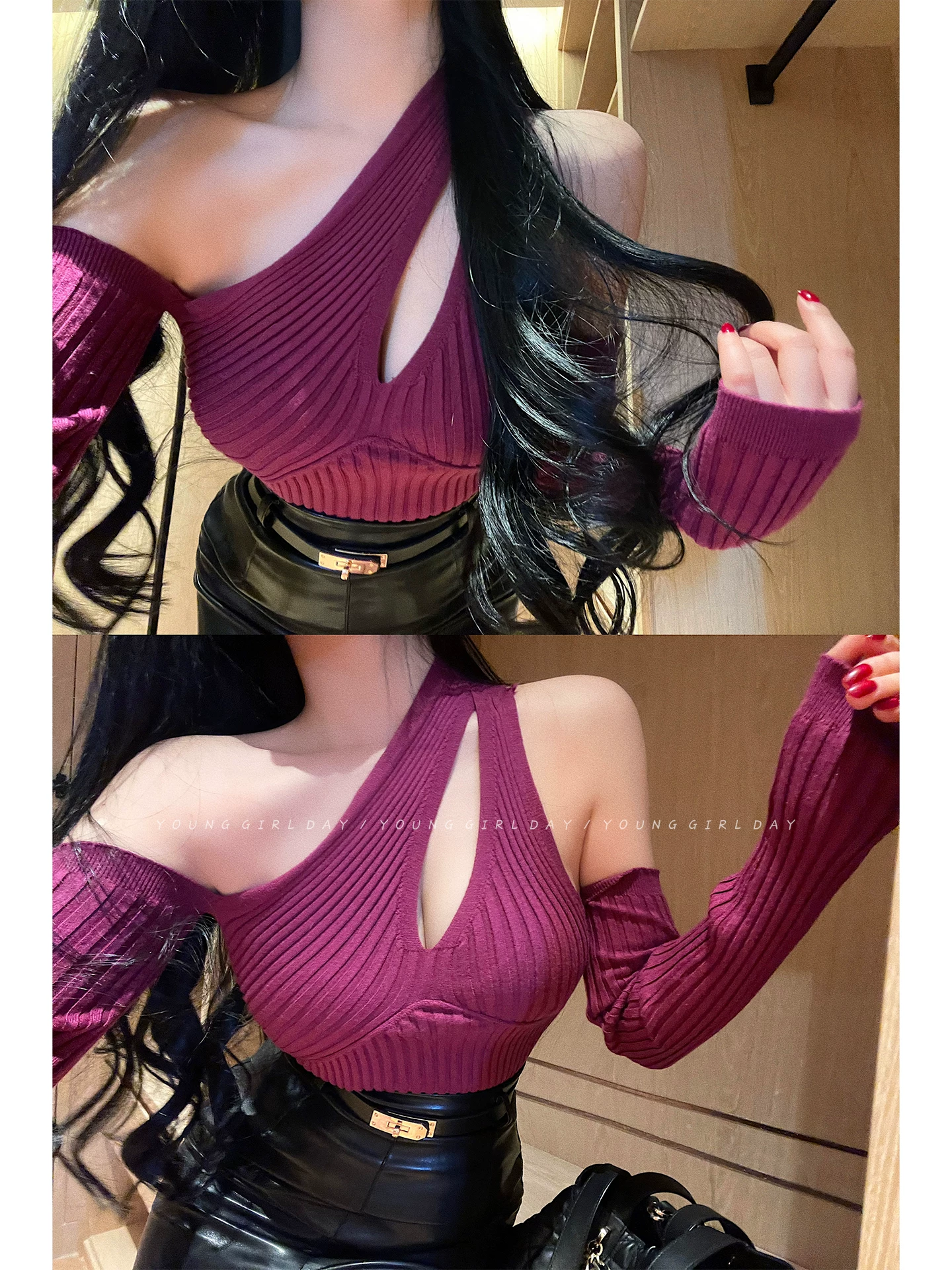 Áo dệt kim dài tay ôm sát, kiểu dáng gợi cảm, khoét vai, phong cách trưởng thành và quyến rũ của YoungGirlDay