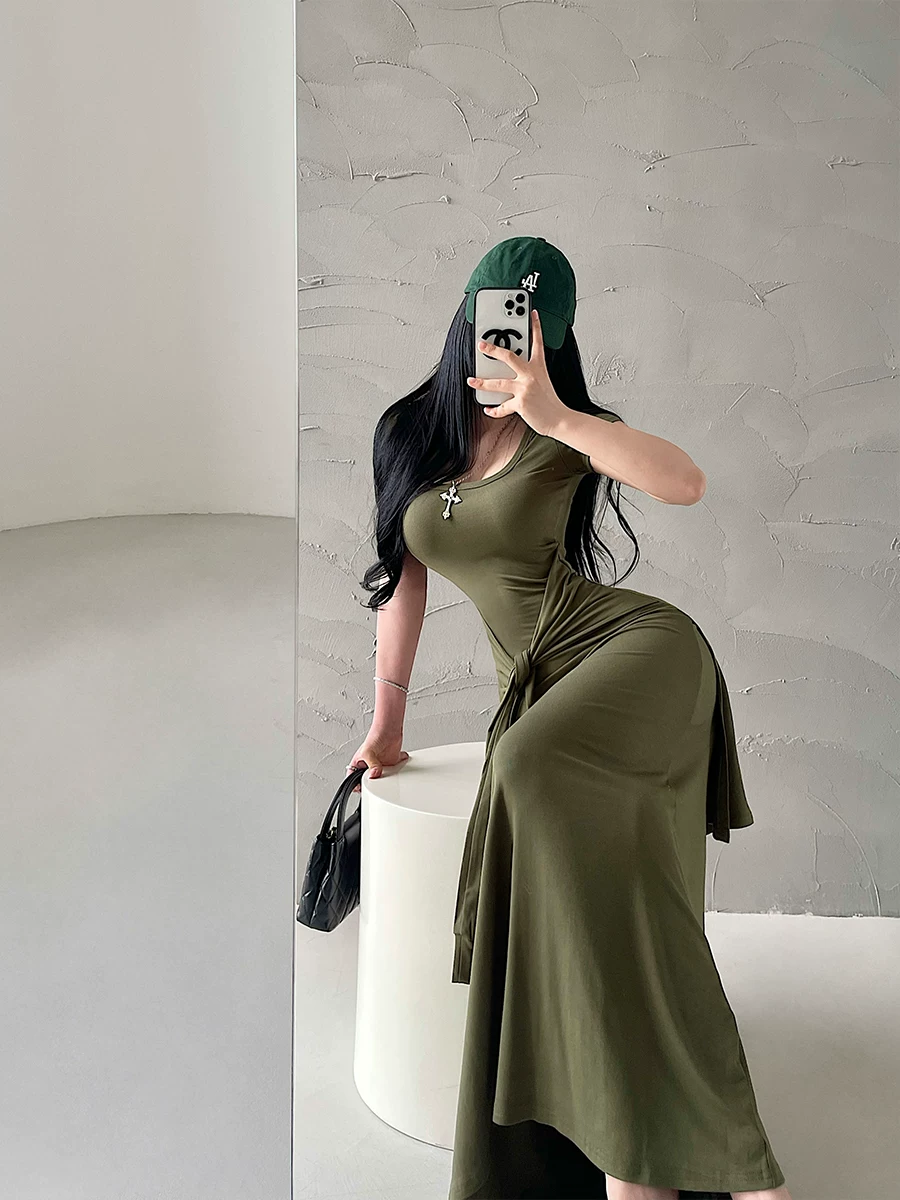 YoungGirlDay Pure Desire Style Phong cách gợi cảm cổ chữ U giả hai mảnh có dây buộc eo tay ngắn váy dài viền váy dài.