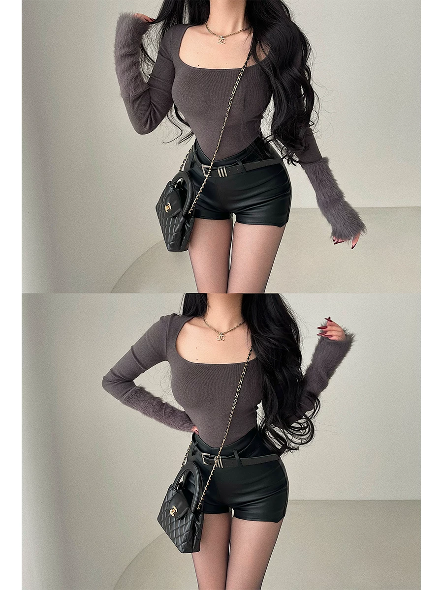 YoungGirlDay Pure Desire Gợi cảm cổ vuông Slim Fit Fluffy Chắp vá dài tay Áo sơ mi cơ bản Áo thun hàng đầu