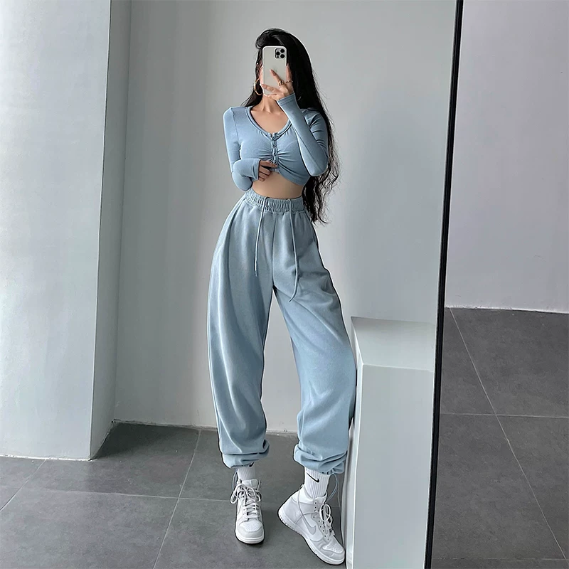 YoungGirlDay Phong cách đường phố châu Âu và Mỹ màu trơn cạp cao dáng rộng dây rút quần jogger quần thể thao thông thường