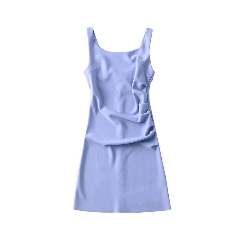 YoungGirlDay 2023 Pure Desire Gợi cảm xếp ly màu trơn cổ chữ U Slim Fit Giảm béo Đầm ngắn