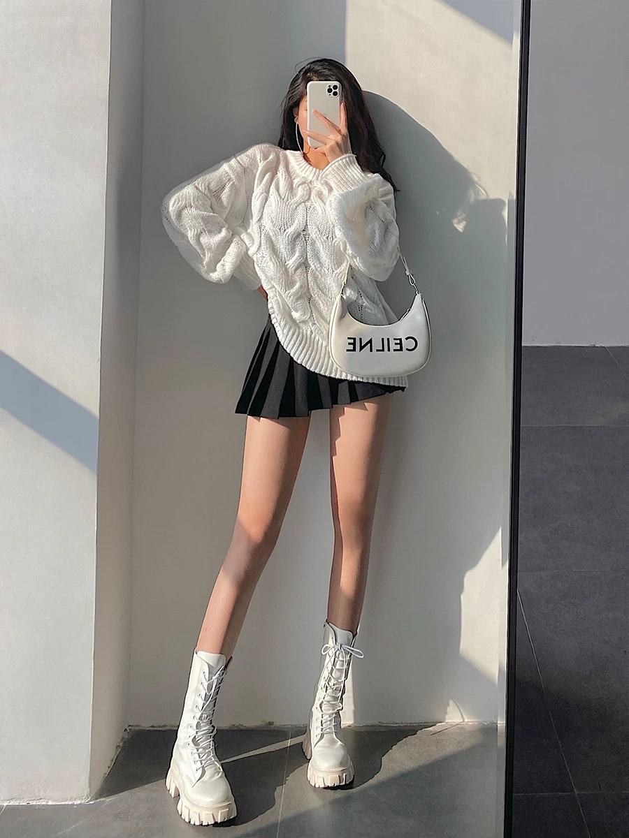Áo len chui đầu dệt kim dày dặn, tay dài, cổ tròn, dáng rộng, phong cách retro Mỹ của YoungGirlDay.