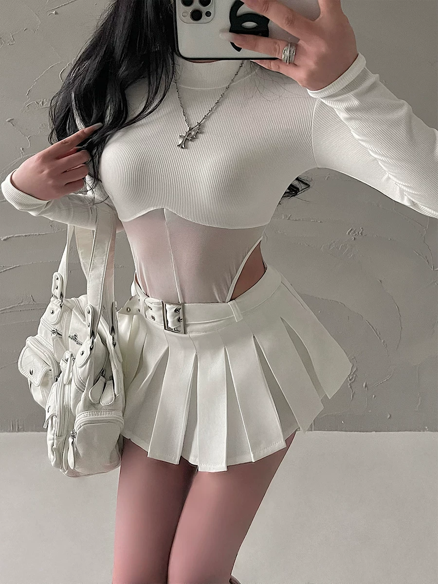 YoungGirlDay gợi cảm bó sát, ôm sát, cổ cao, phối lưới, áo thun bodysuit dài tay