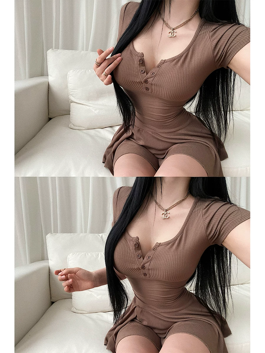 YoungGirlDay Pure Desire Ballet Style Váy xếp ly cổ chữ U eo thon Váy ngắn tay Bộ quần short cạp cao